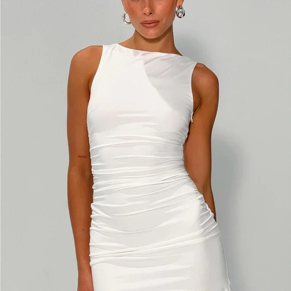 open lace back dress Maybelle Ruched Halterneck Mini Dress in White main image 0